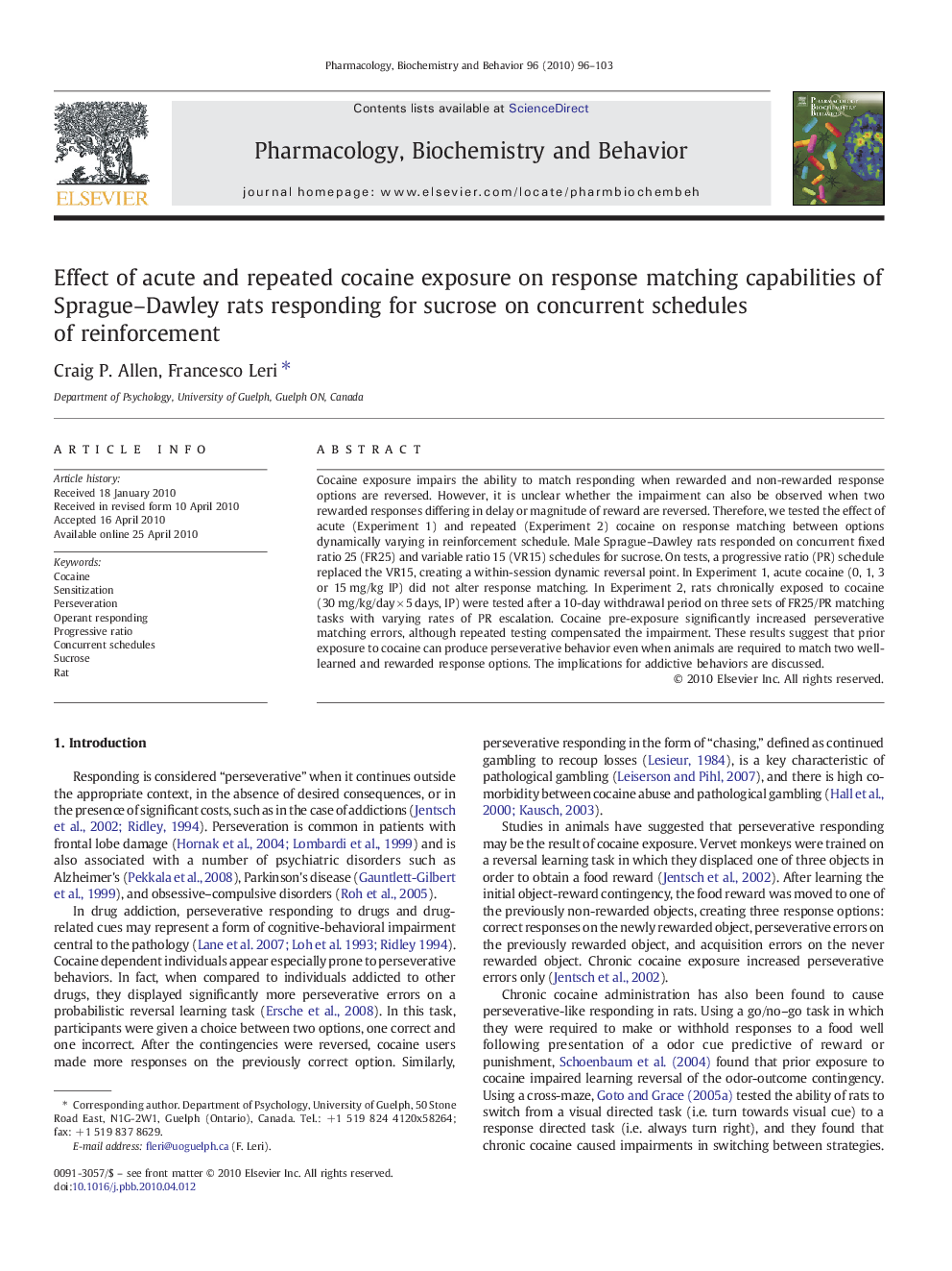 Effect of acute and repeated cocaine exposure on response matching capabilities of Sprague-Dawley rats responding for sucrose on concurrent schedules of reinforcement