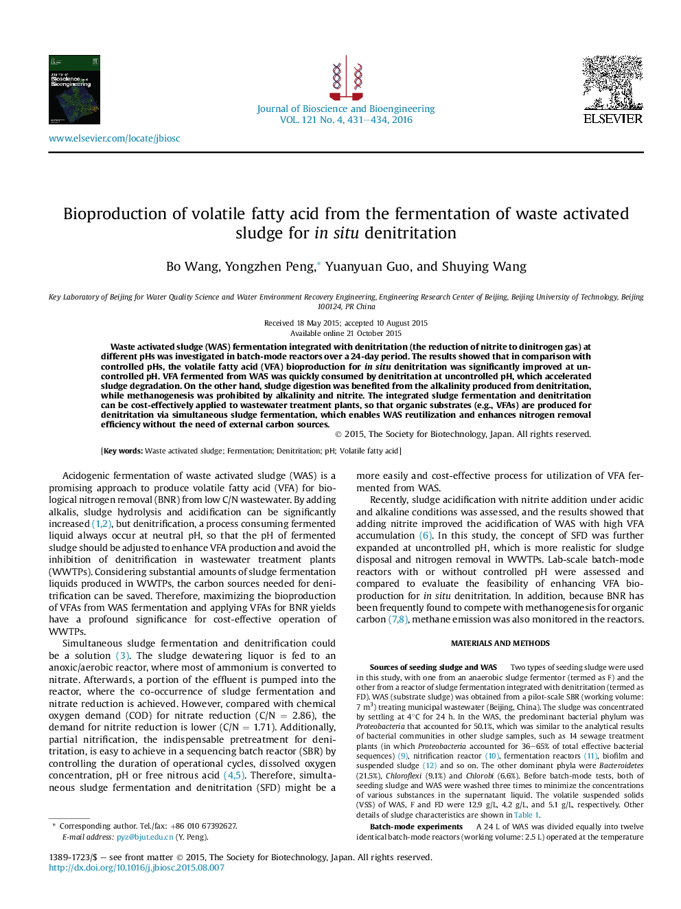 Bioproduction of volatile fatty acid from the fermentation of waste activated sludge for in situ denitritation