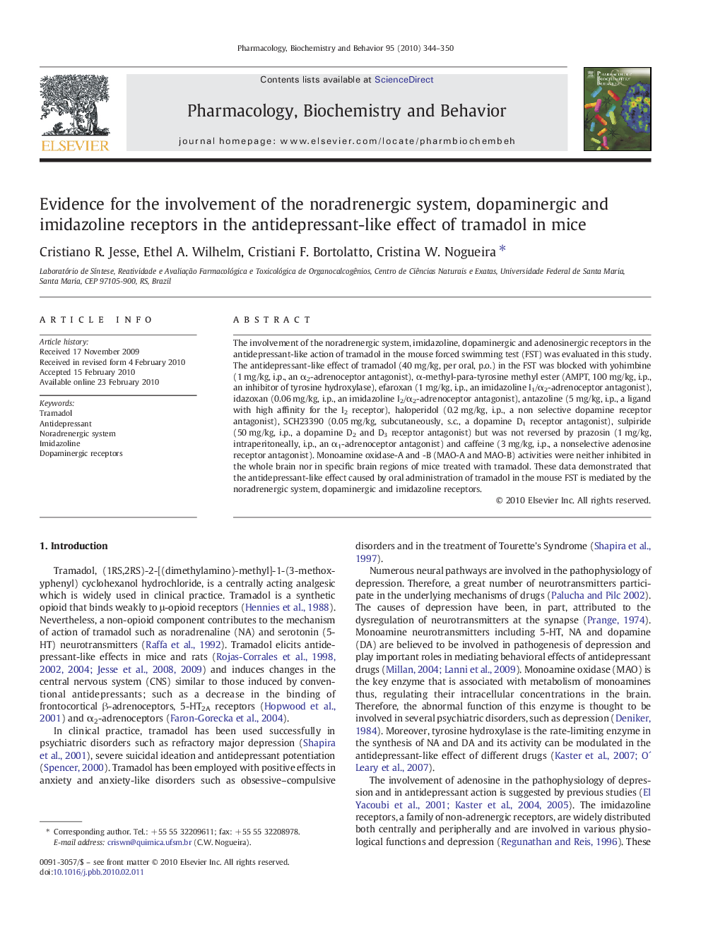 Evidence for the involvement of the noradrenergic system, dopaminergic and imidazoline receptors in the antidepressant-like effect of tramadol in mice