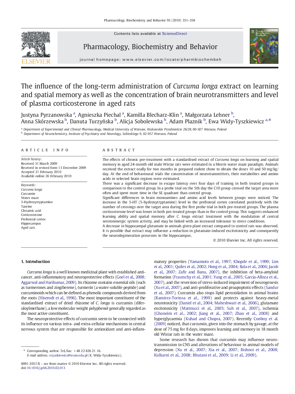 The influence of the long-term administration of Curcuma longa extract on learning and spatial memory as well as the concentration of brain neurotransmitters and level of plasma corticosterone in aged rats