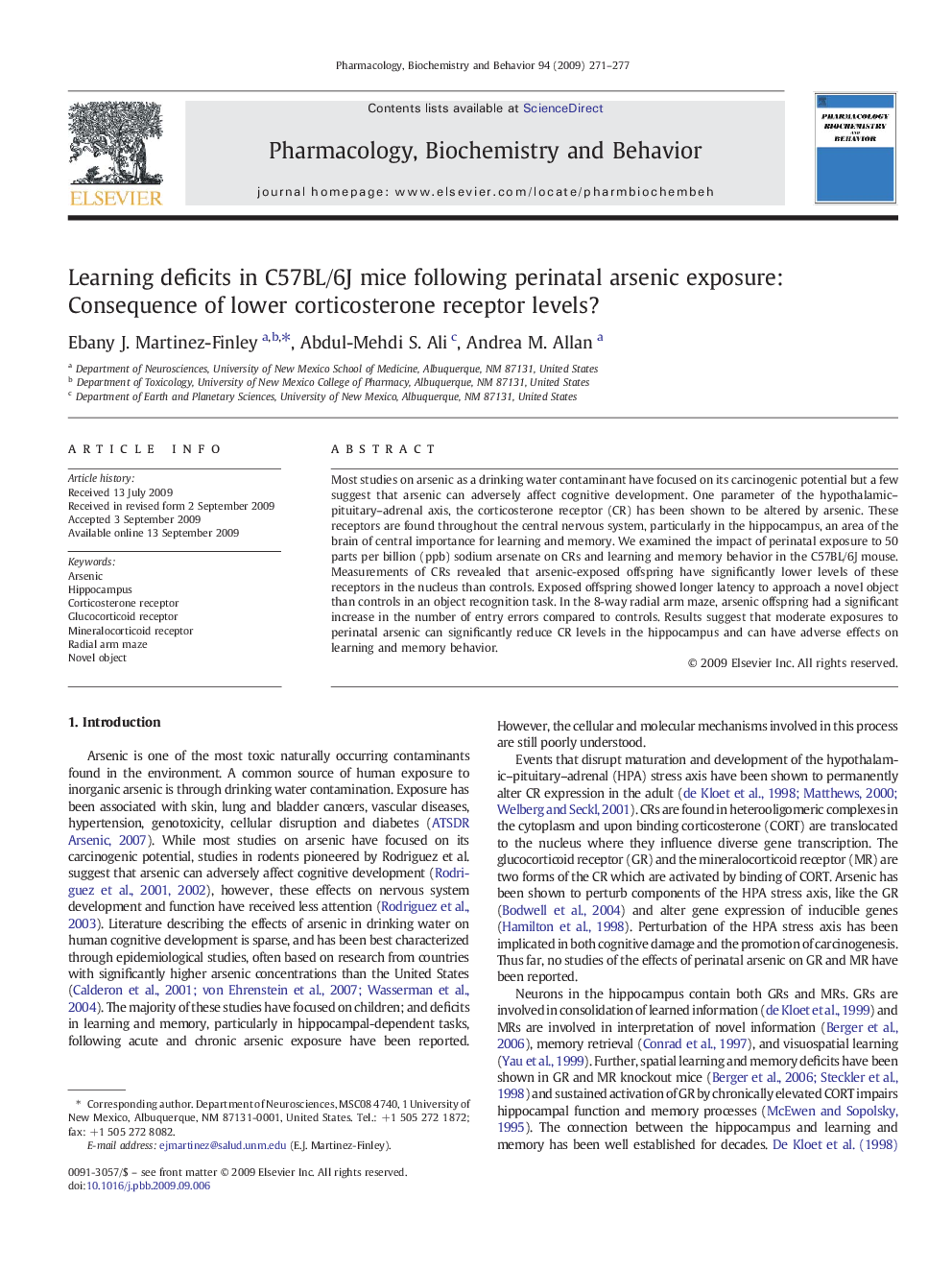 Learning deficits in C57BL/6J mice following perinatal arsenic exposure: Consequence of lower corticosterone receptor levels?