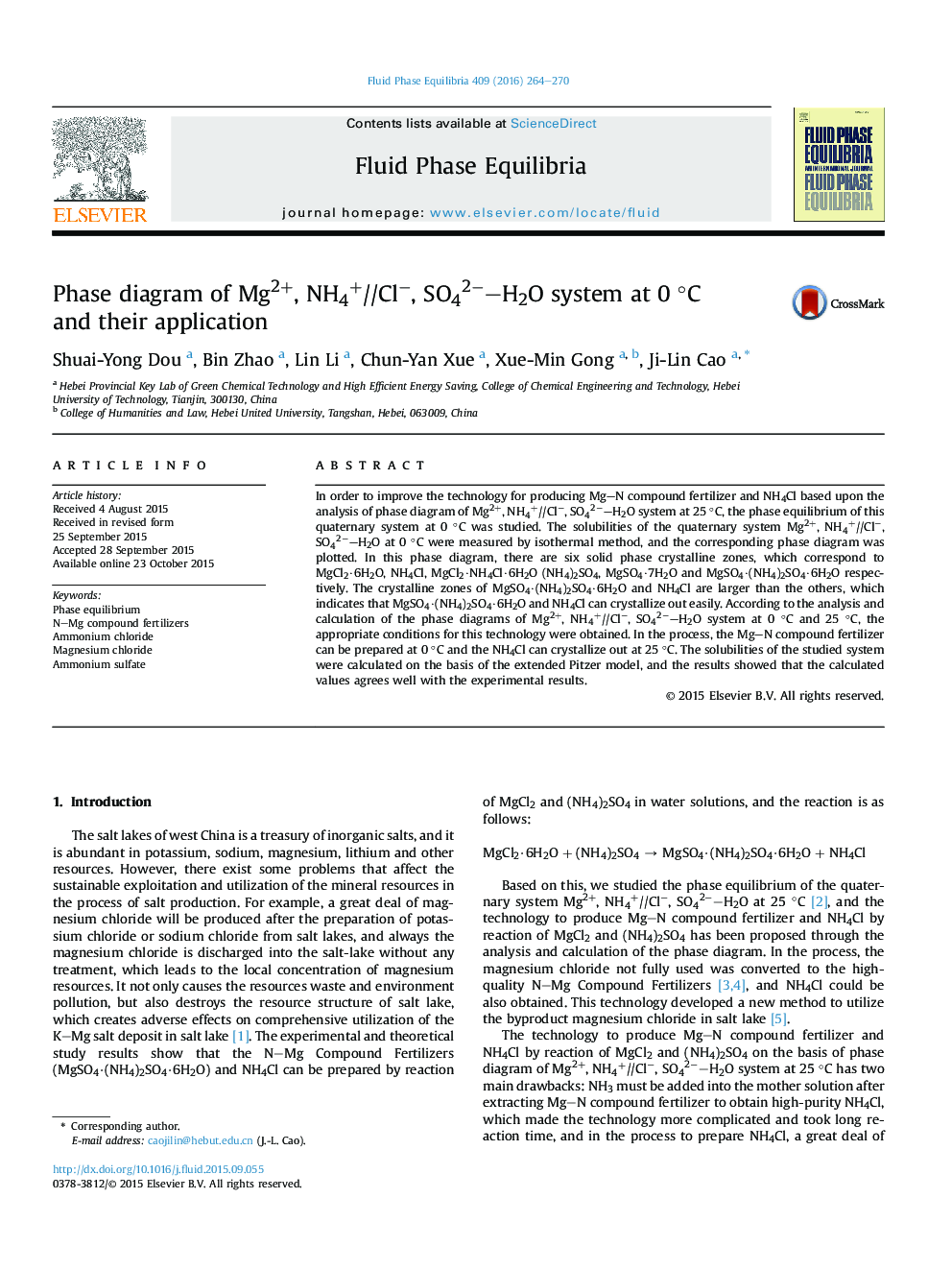 Phase diagram of Mg2+, NH4+NH4+//Cl−, SO42−SO42−–H2O system at 0 °C and their application