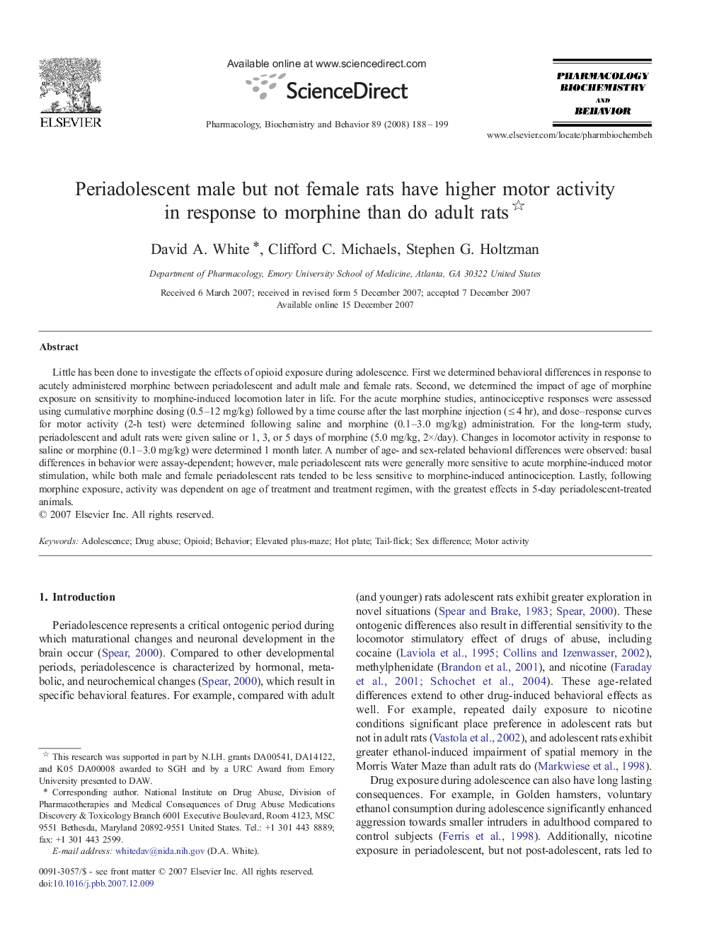 Periadolescent male but not female rats have higher motor activity in response to morphine than do adult rats 