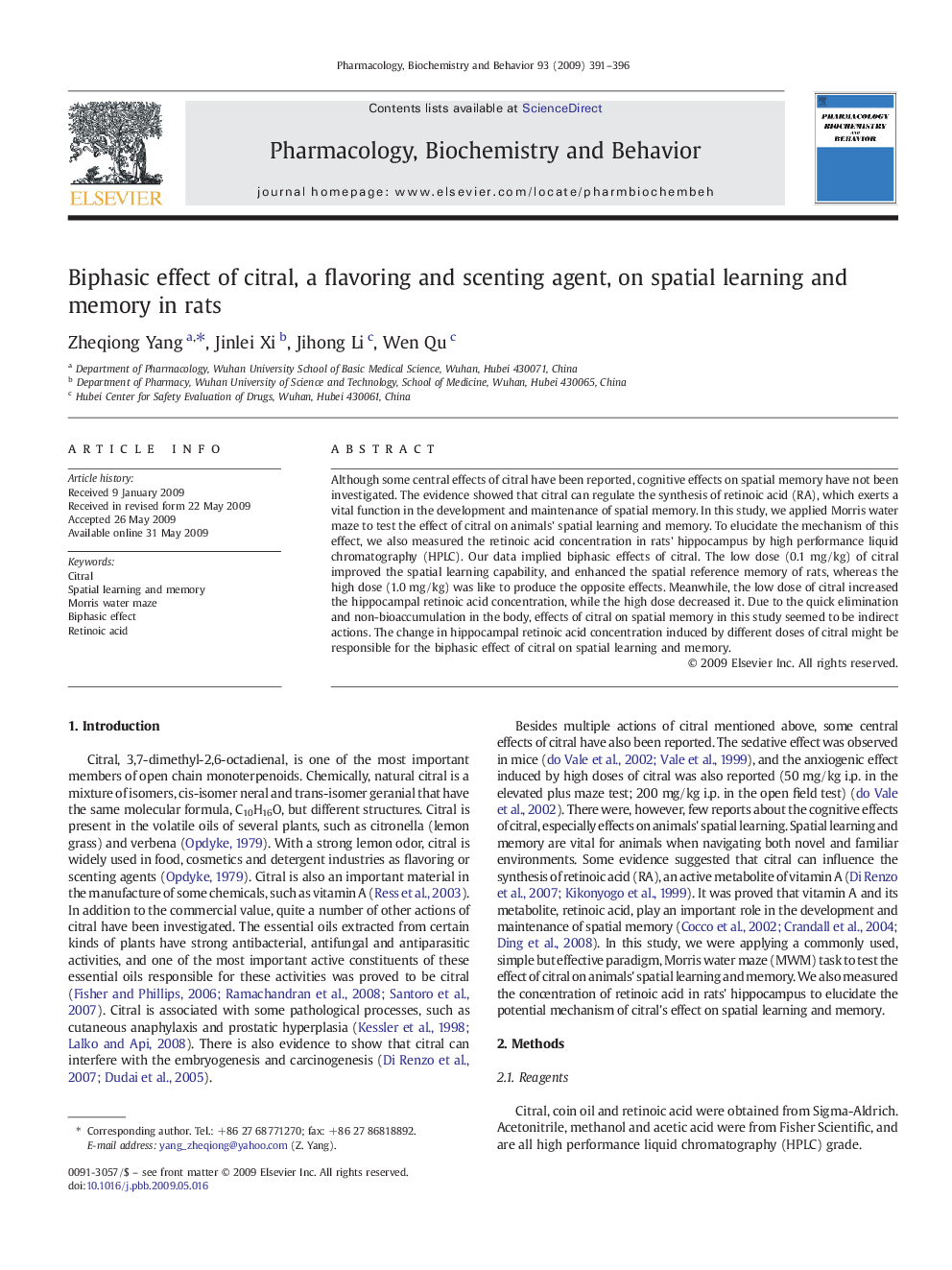 Biphasic effect of citral, a flavoring and scenting agent, on spatial learning and memory in rats