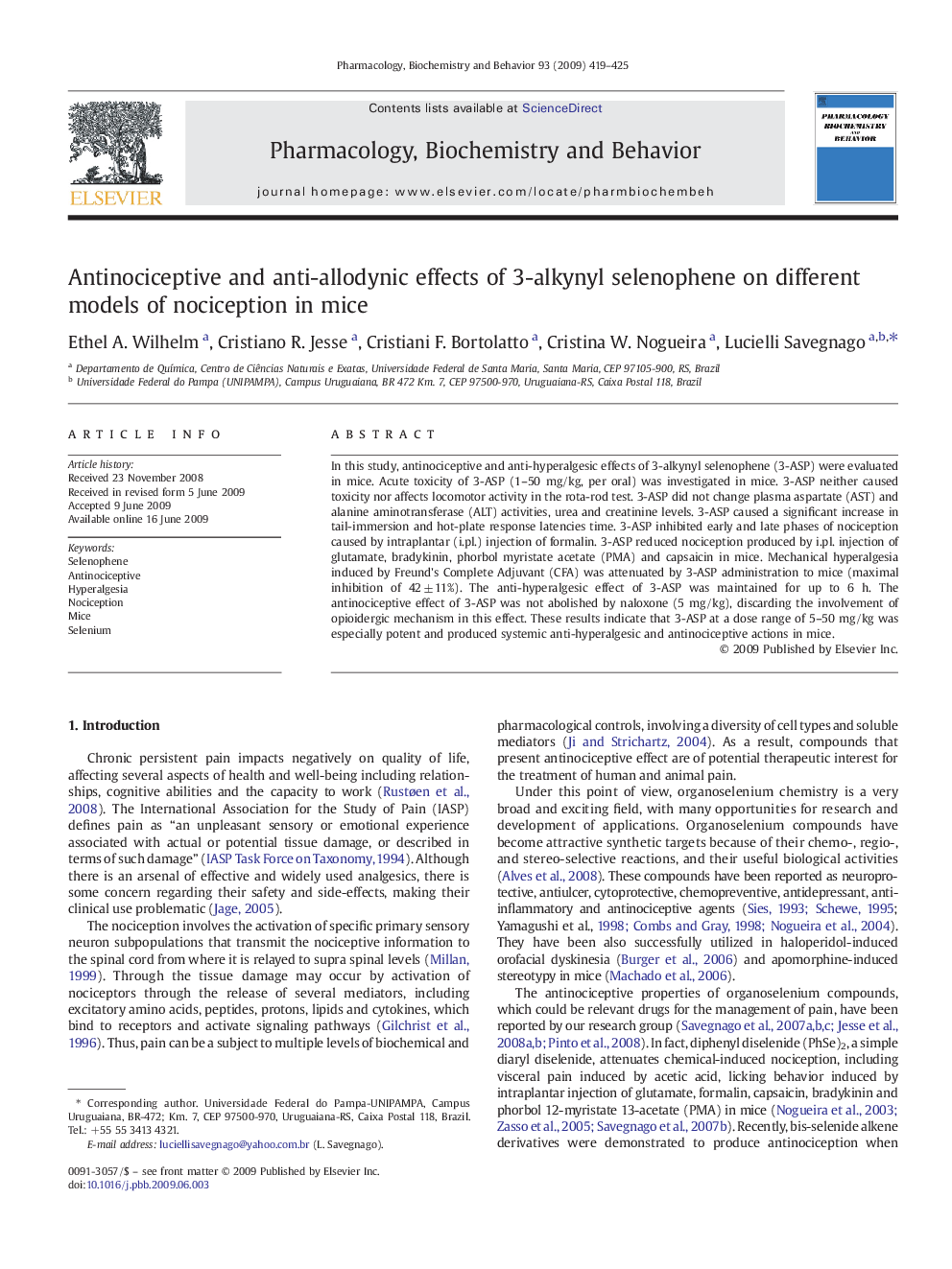 Antinociceptive and anti-allodynic effects of 3-alkynyl selenophene on different models of nociception in mice