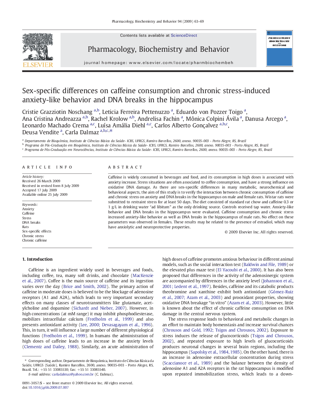 Sex-specific differences on caffeine consumption and chronic stress-induced anxiety-like behavior and DNA breaks in the hippocampus