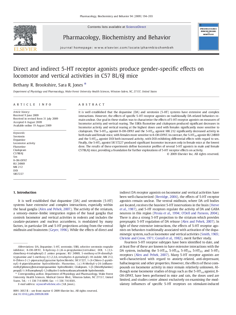 Direct and indirect 5-HT receptor agonists produce gender-specific effects on locomotor and vertical activities in C57 BL/6J mice