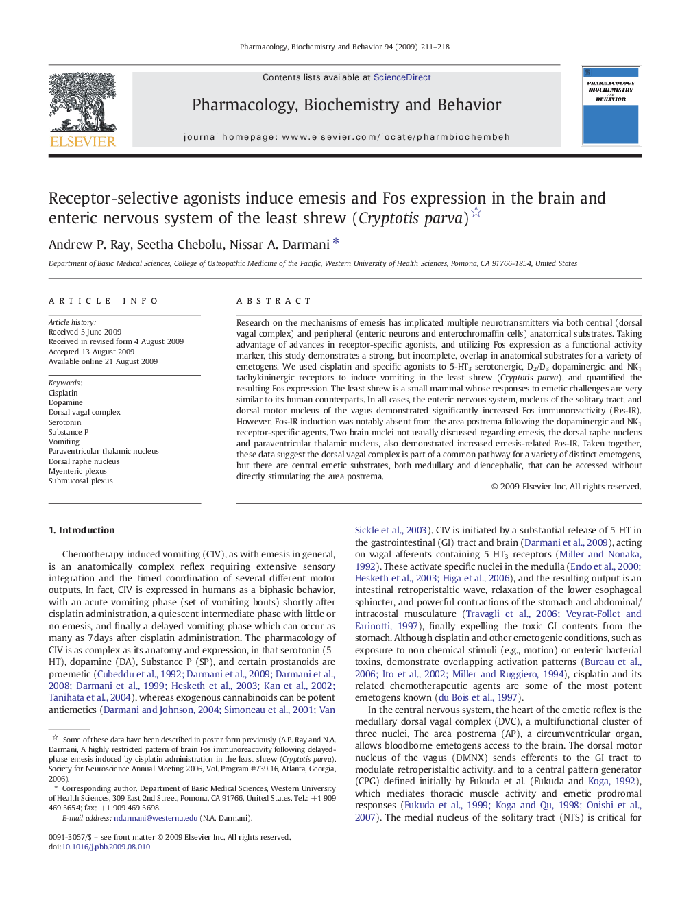 Receptor-selective agonists induce emesis and Fos expression in the brain and enteric nervous system of the least shrew (Cryptotis parva)