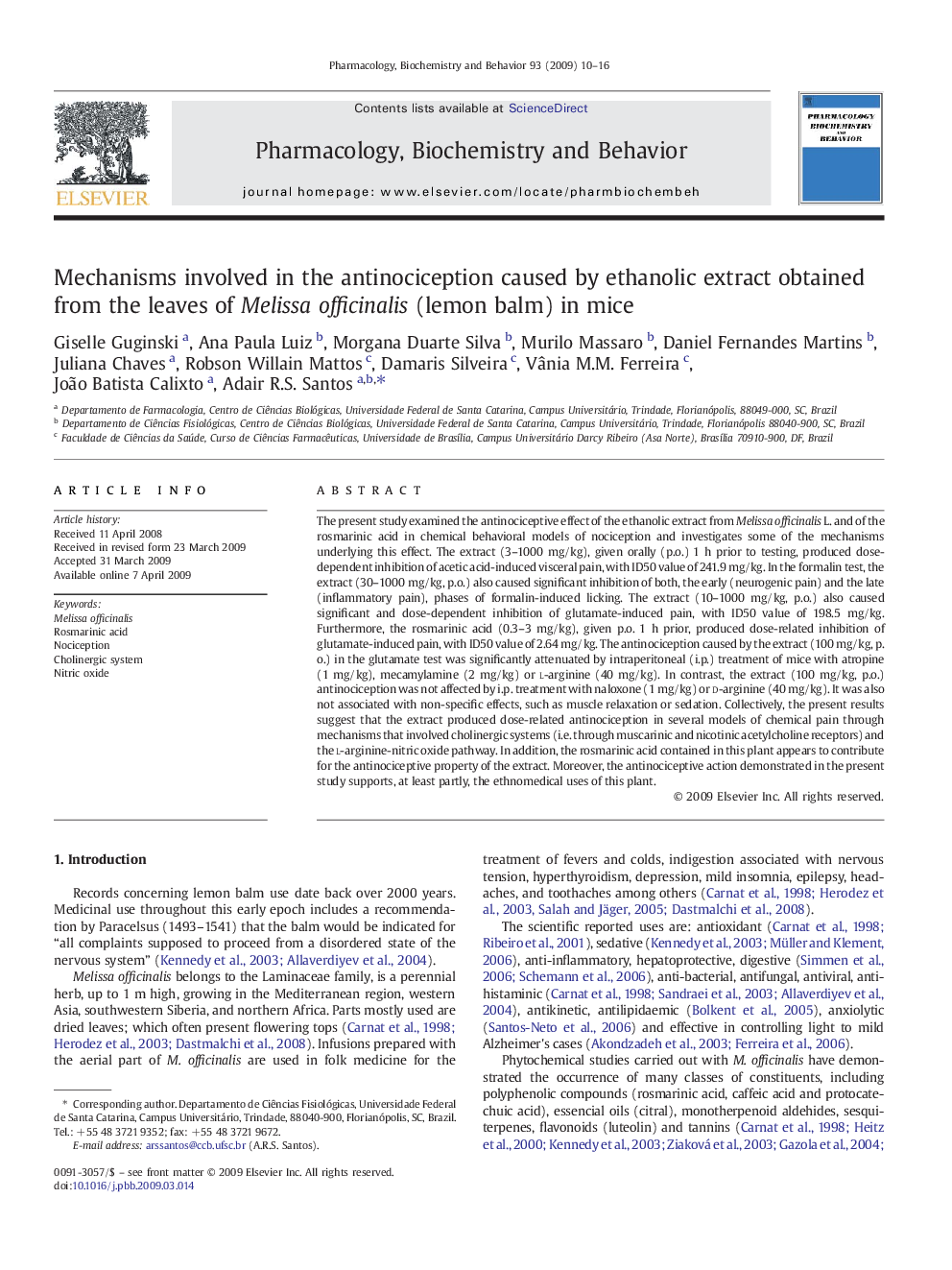 Mechanisms involved in the antinociception caused by ethanolic extract obtained from the leaves of Melissa officinalis (lemon balm) in mice