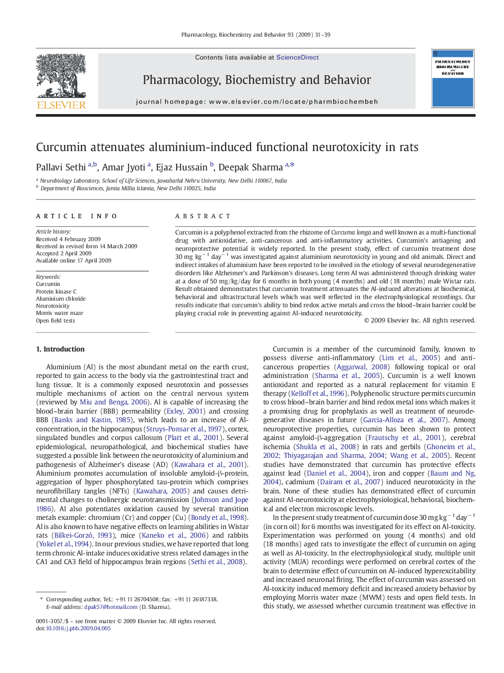 Curcumin attenuates aluminium-induced functional neurotoxicity in rats