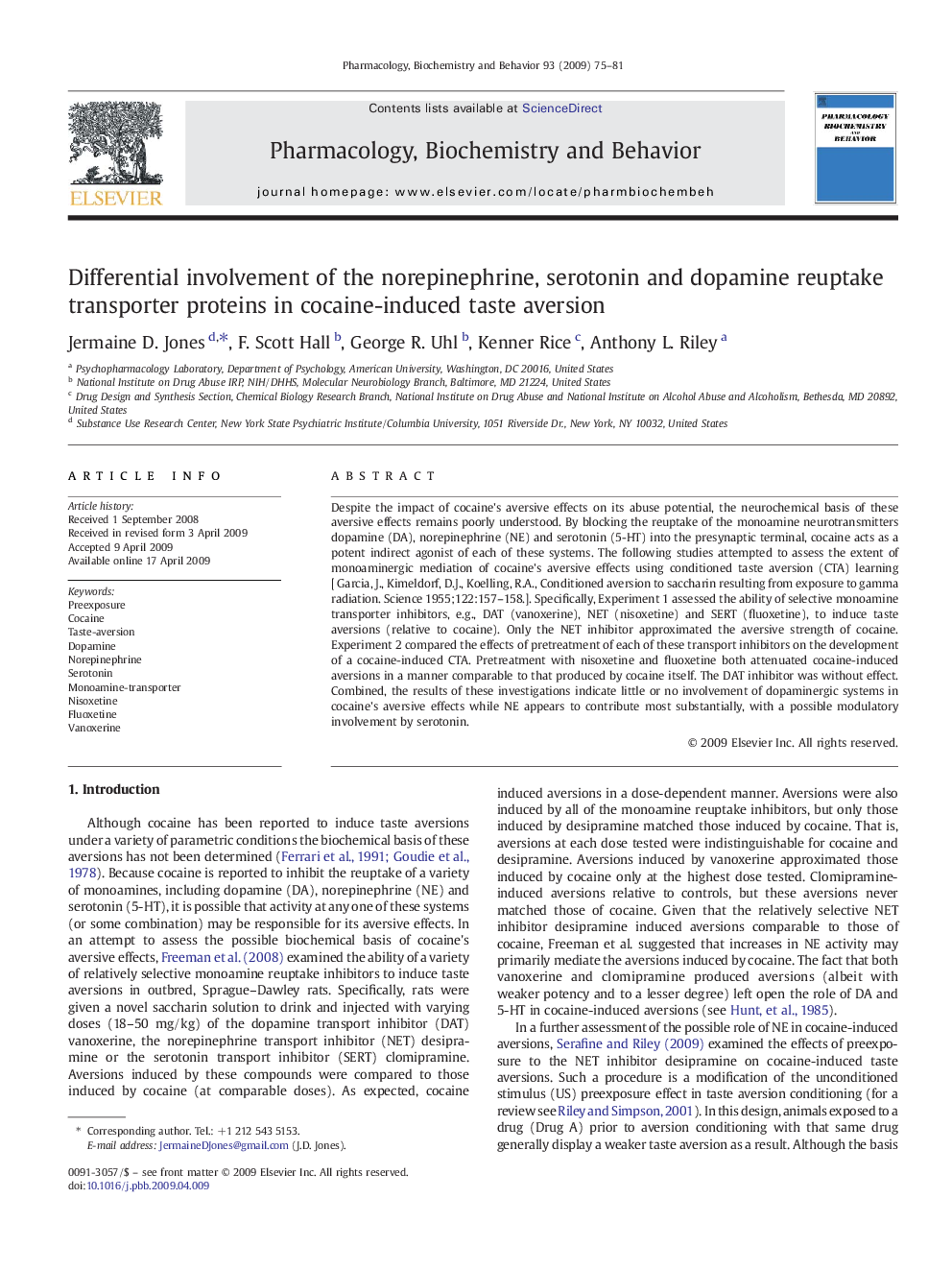 Differential involvement of the norepinephrine, serotonin and dopamine reuptake transporter proteins in cocaine-induced taste aversion