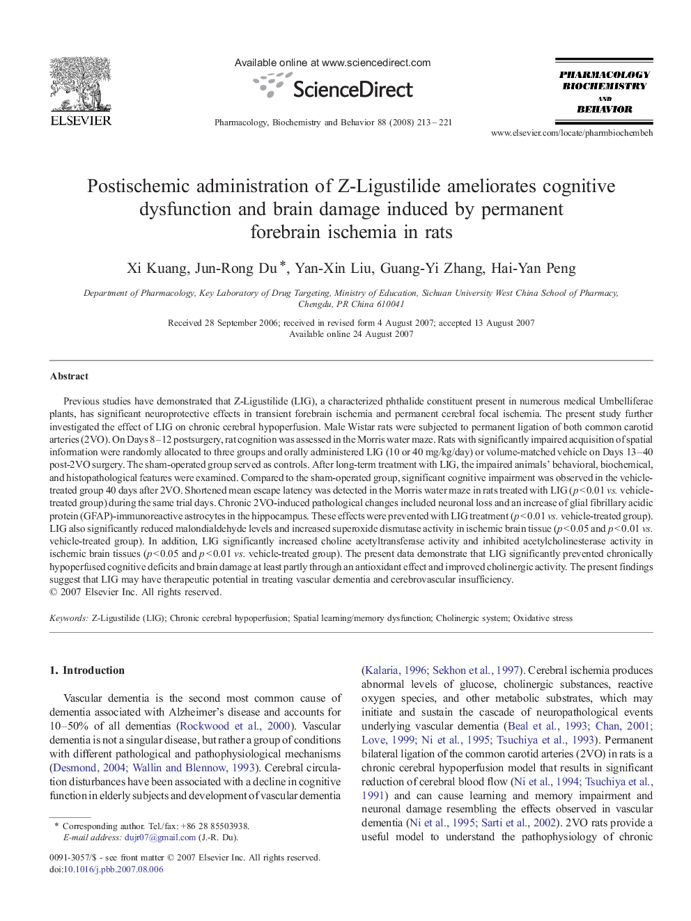 Postischemic administration of Z-Ligustilide ameliorates cognitive dysfunction and brain damage induced by permanent forebrain ischemia in rats