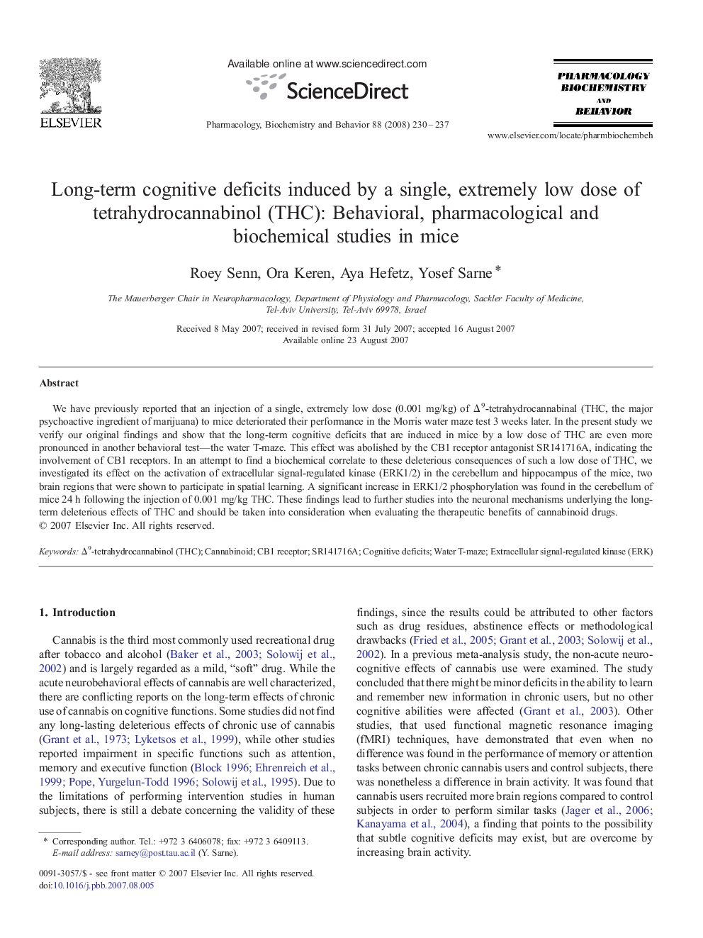 Long-term cognitive deficits induced by a single, extremely low dose of tetrahydrocannabinol (THC): Behavioral, pharmacological and biochemical studies in mice