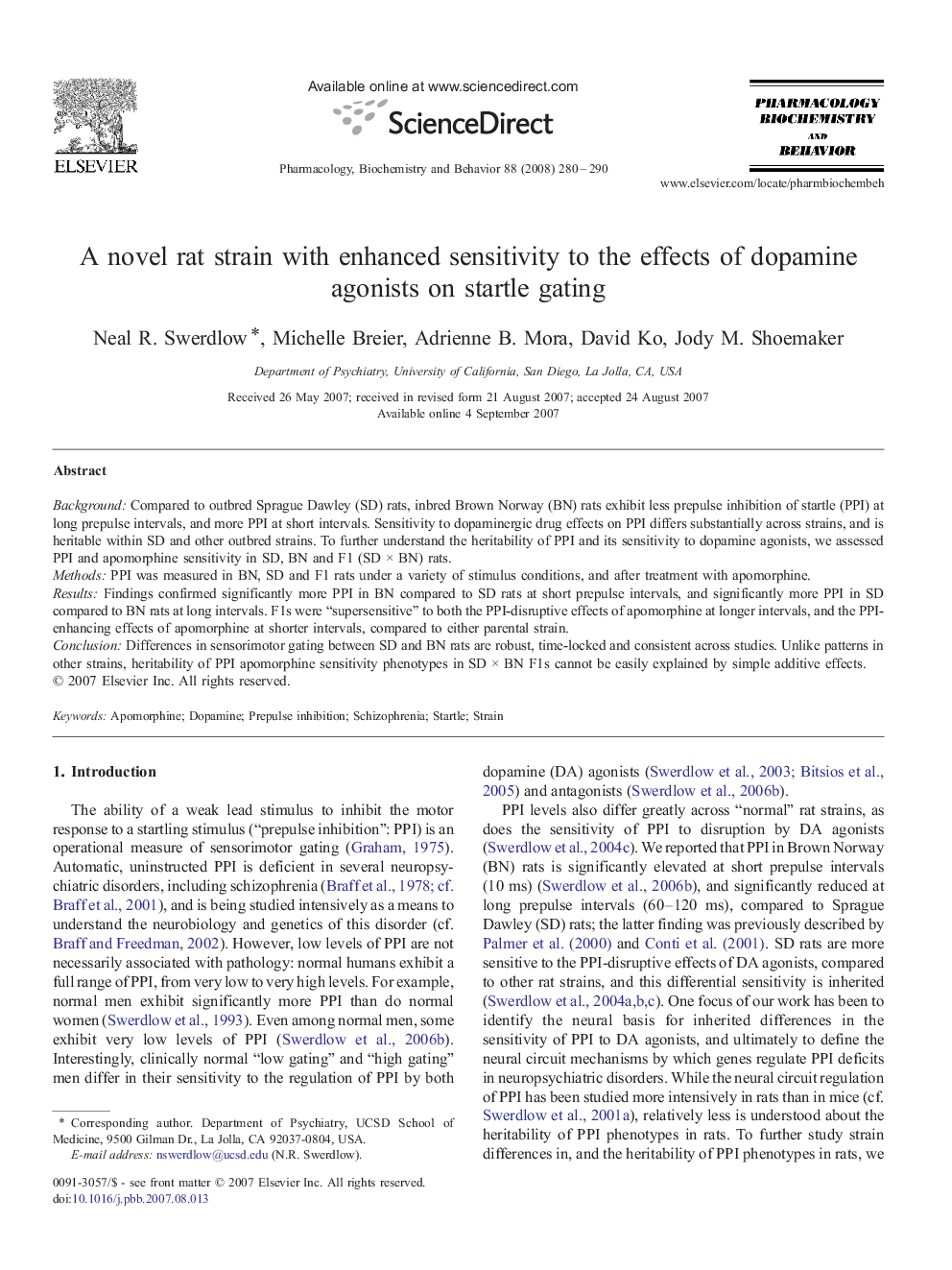 A novel rat strain with enhanced sensitivity to the effects of dopamine agonists on startle gating