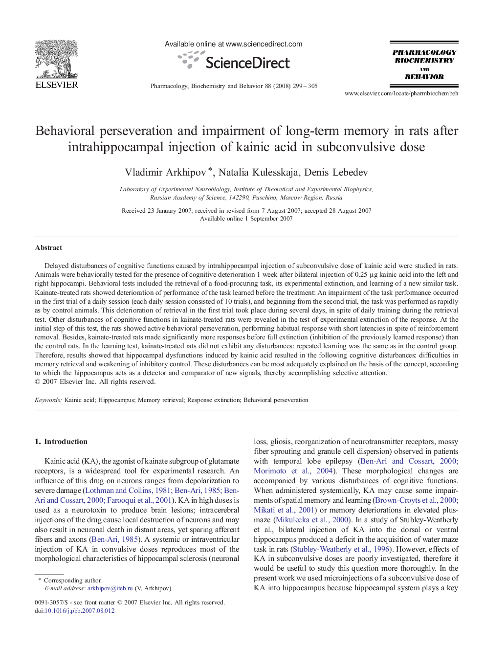 Behavioral perseveration and impairment of long-term memory in rats after intrahippocampal injection of kainic acid in subconvulsive dose