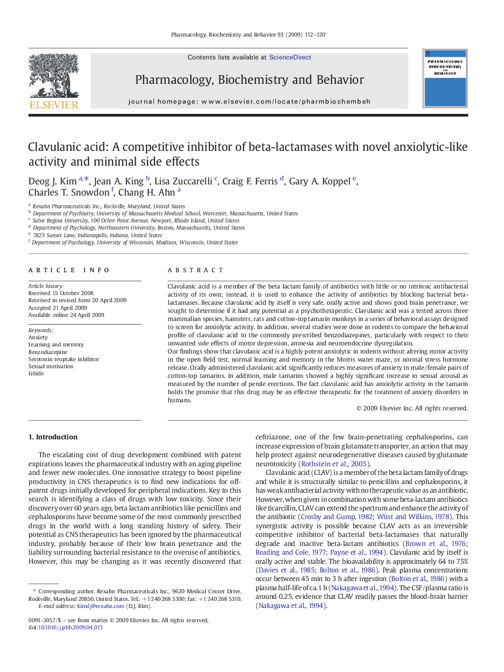 Clavulanic acid: A competitive inhibitor of beta-lactamases with novel anxiolytic-like activity and minimal side effects