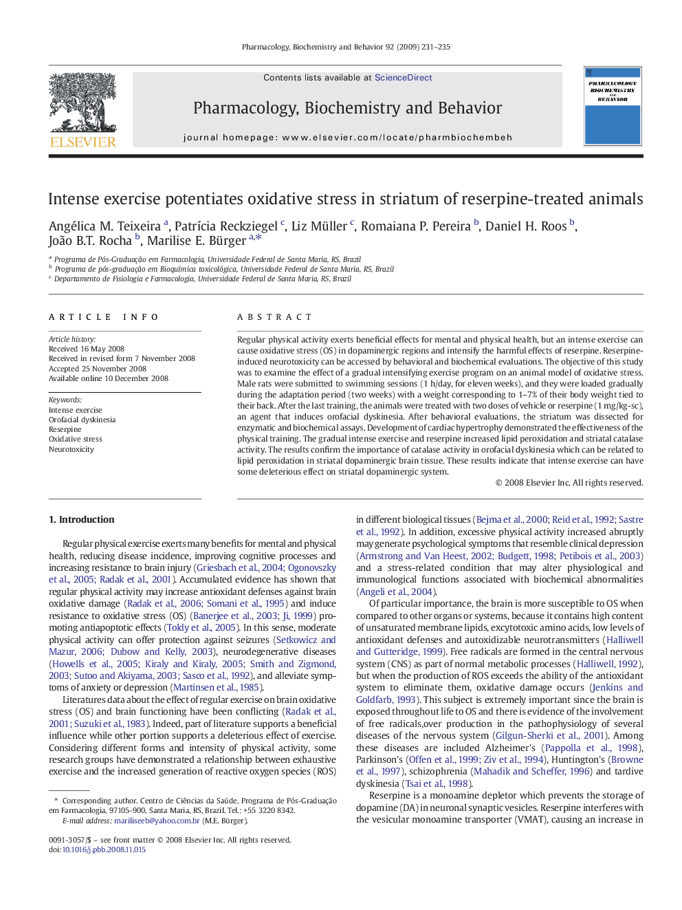 Intense exercise potentiates oxidative stress in striatum of reserpine-treated animals