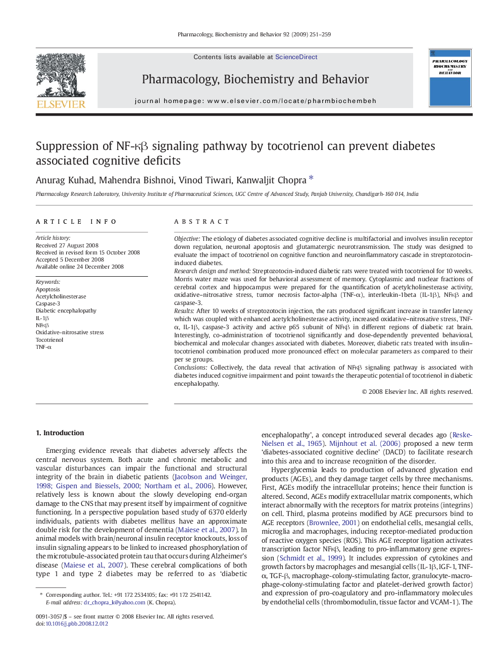 Suppression of NF-κβ signaling pathway by tocotrienol can prevent diabetes associated cognitive deficits