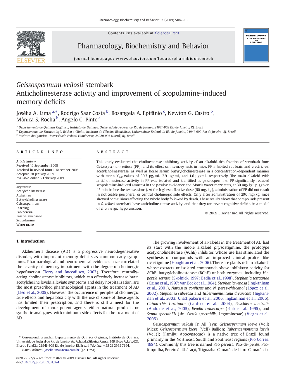 Geissospermum vellosii stembark: Anticholinesterase activity and improvement of scopolamine-induced memory deficits