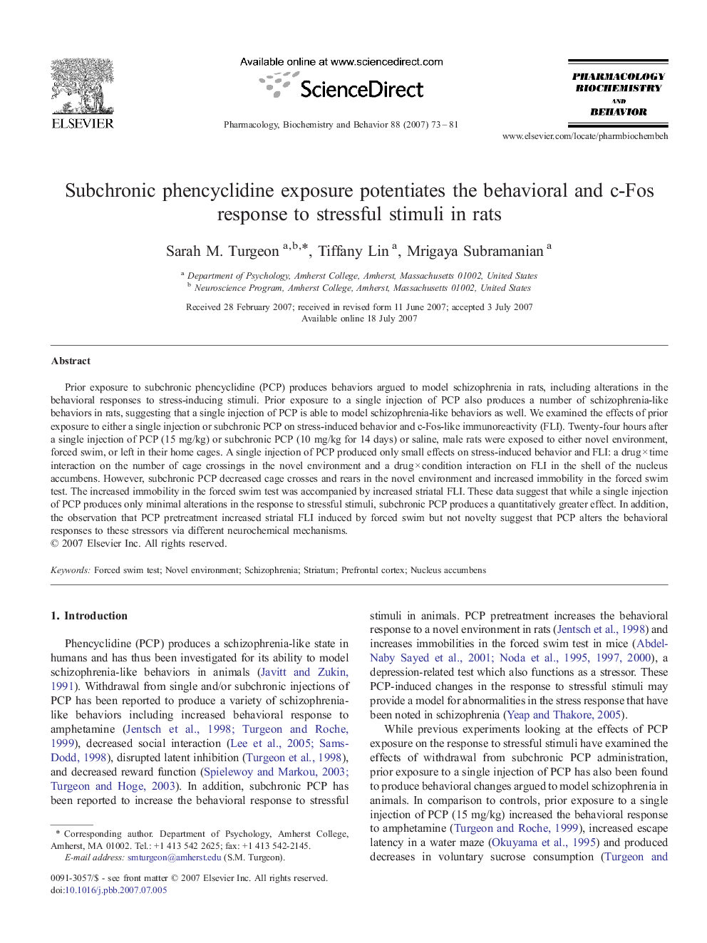 Subchronic phencyclidine exposure potentiates the behavioral and c-Fos response to stressful stimuli in rats