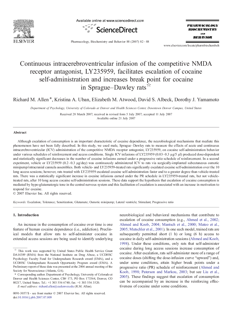 Continuous intracerebroventricular infusion of the competitive NMDA receptor antagonist, LY235959, facilitates escalation of cocaine self-administration and increases break point for cocaine in Sprague–Dawley rats 