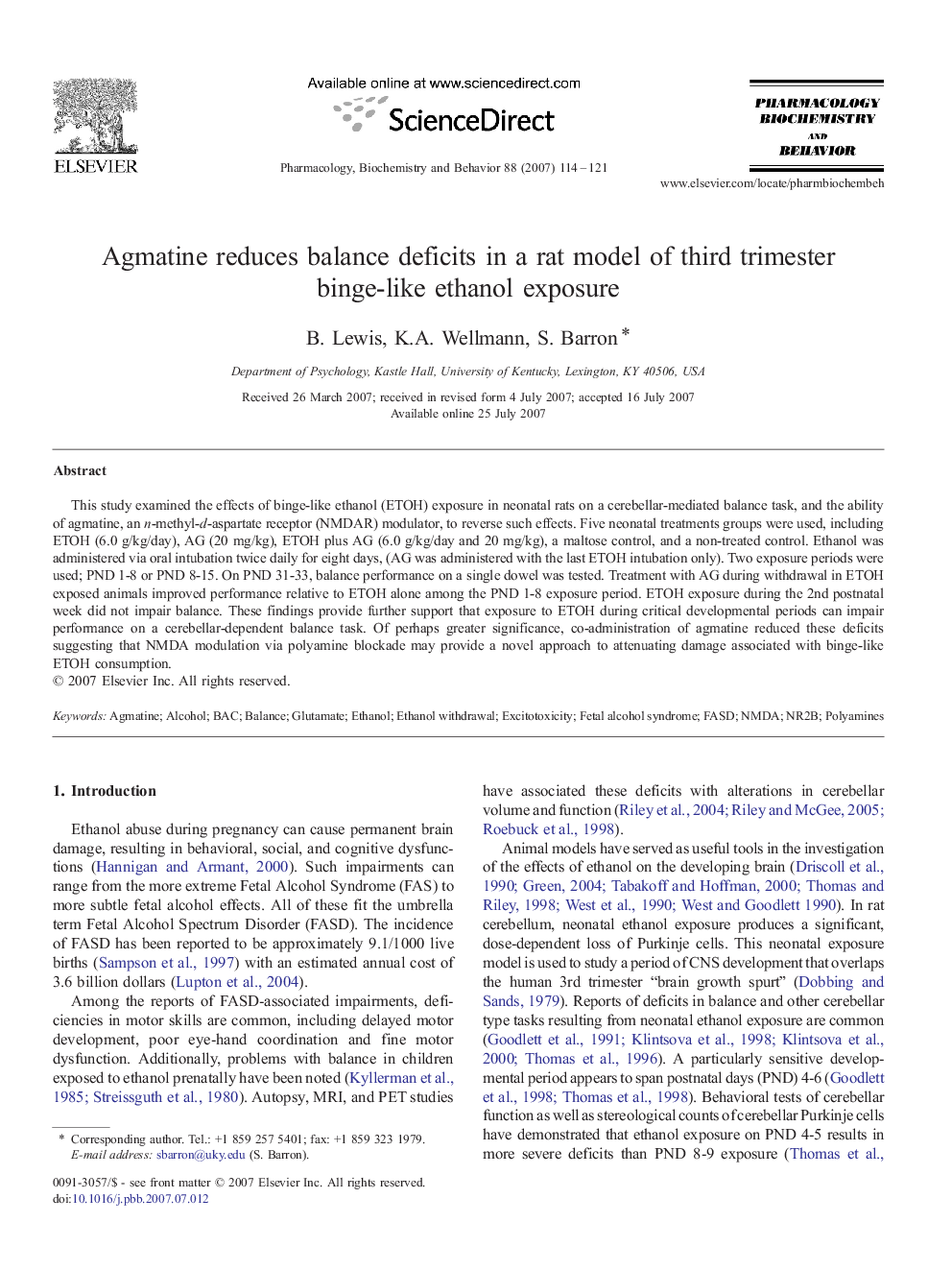 Agmatine reduces balance deficits in a rat model of third trimester binge-like ethanol exposure