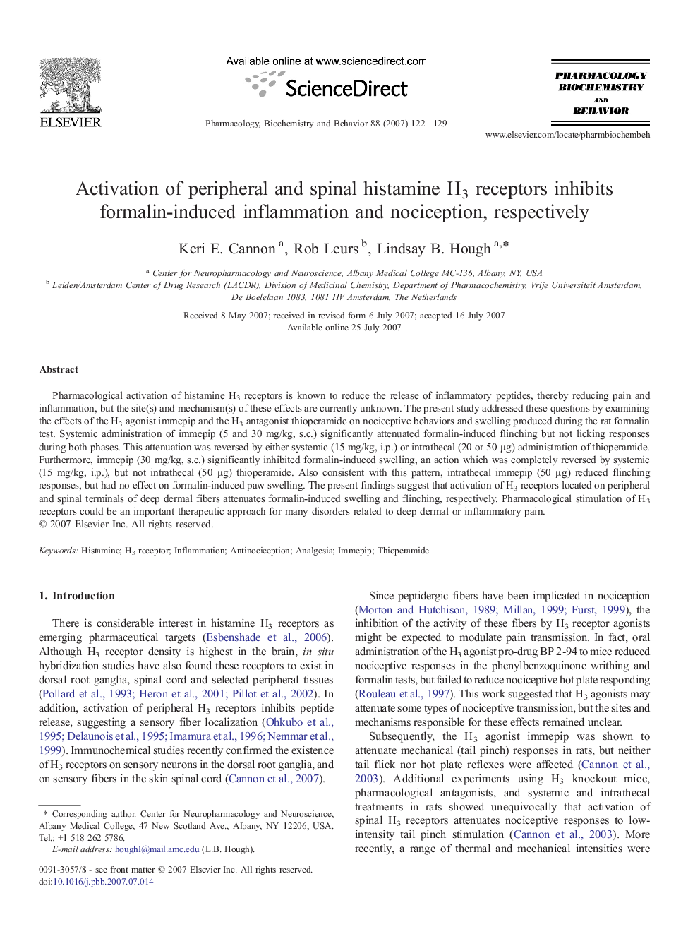 Activation of peripheral and spinal histamine H3 receptors inhibits formalin-induced inflammation and nociception, respectively