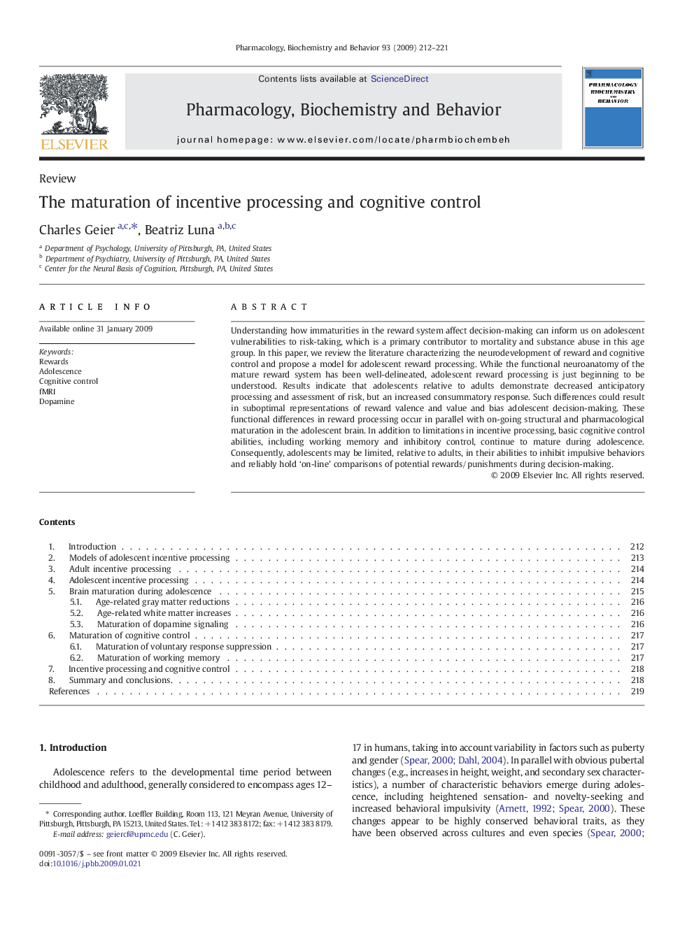 The maturation of incentive processing and cognitive control