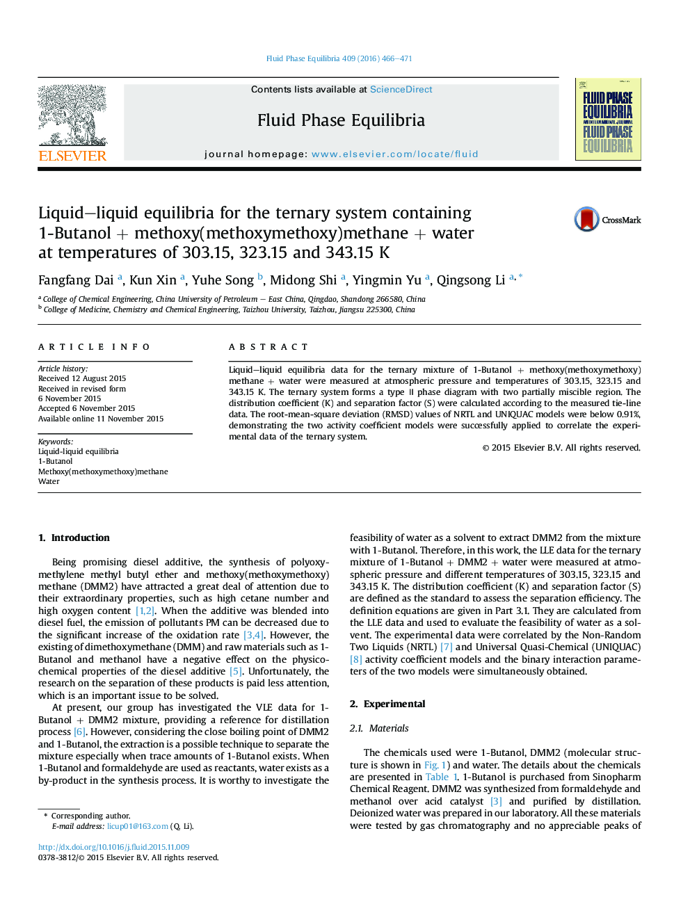 تعادل مایع مایع برای سیستم سه تایی حاوی 1-بوتانول + متوکسی (methoxymethoxy) متان + آب در دمای 303.15، 323.15 و 343.15 K