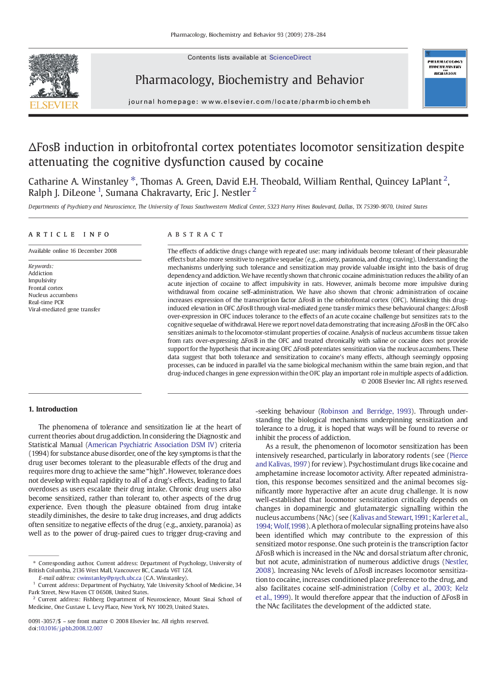 ΔFosB induction in orbitofrontal cortex potentiates locomotor sensitization despite attenuating the cognitive dysfunction caused by cocaine