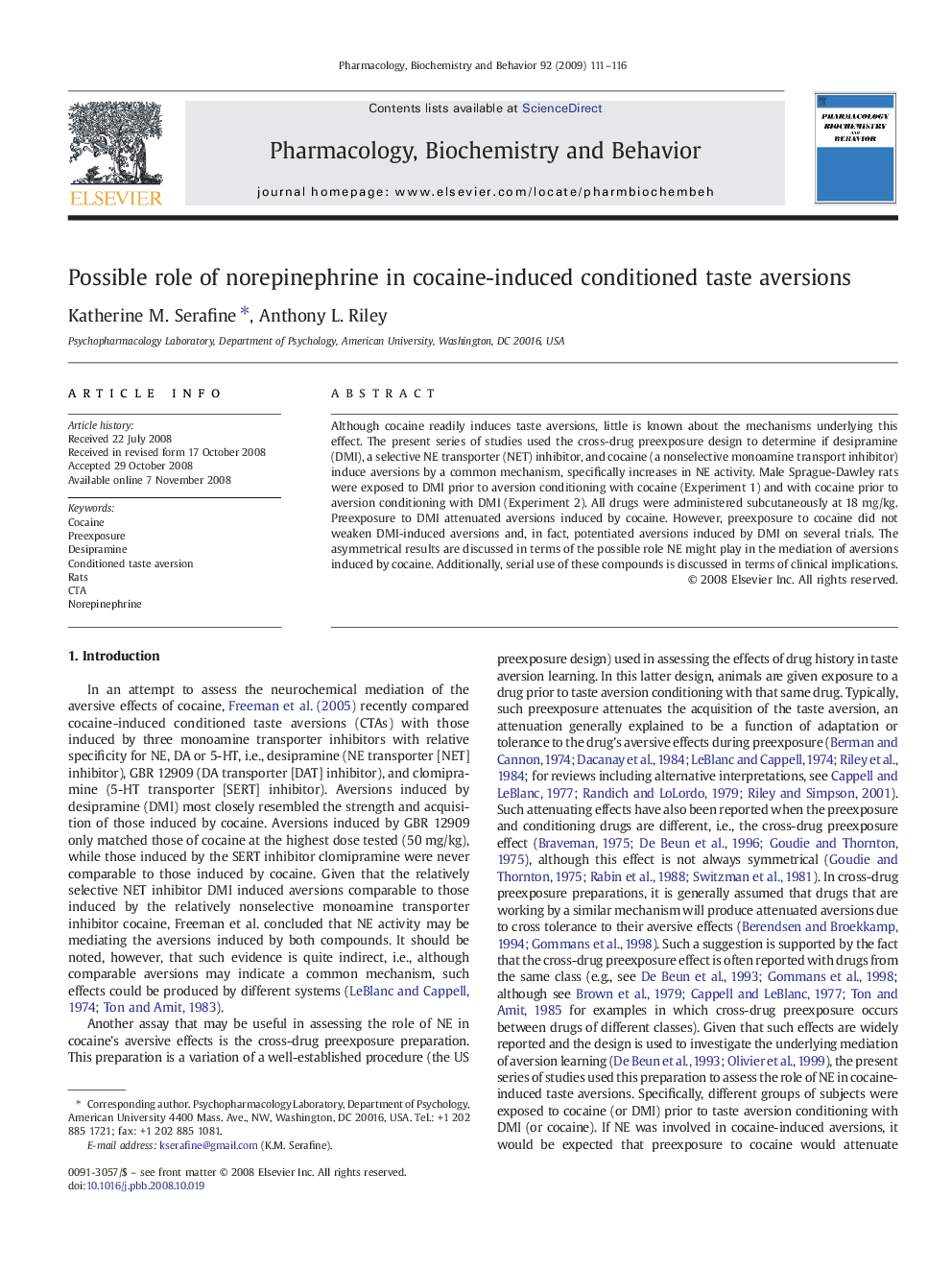 Possible role of norepinephrine in cocaine-induced conditioned taste aversions