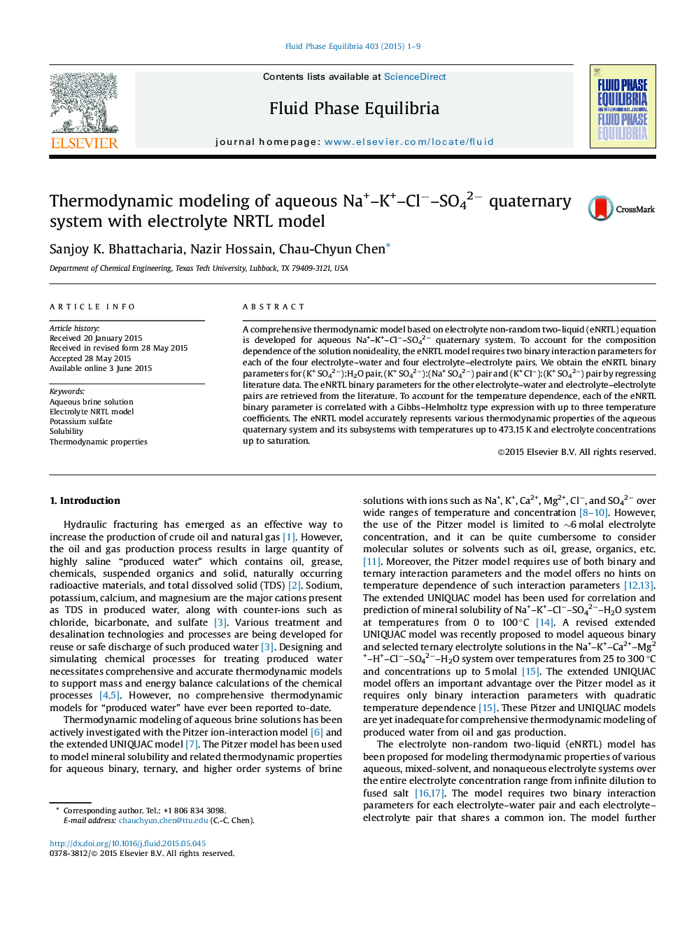 Thermodynamic modeling of aqueous Na+–K+–Cl−–SO42− quaternary system with electrolyte NRTL model