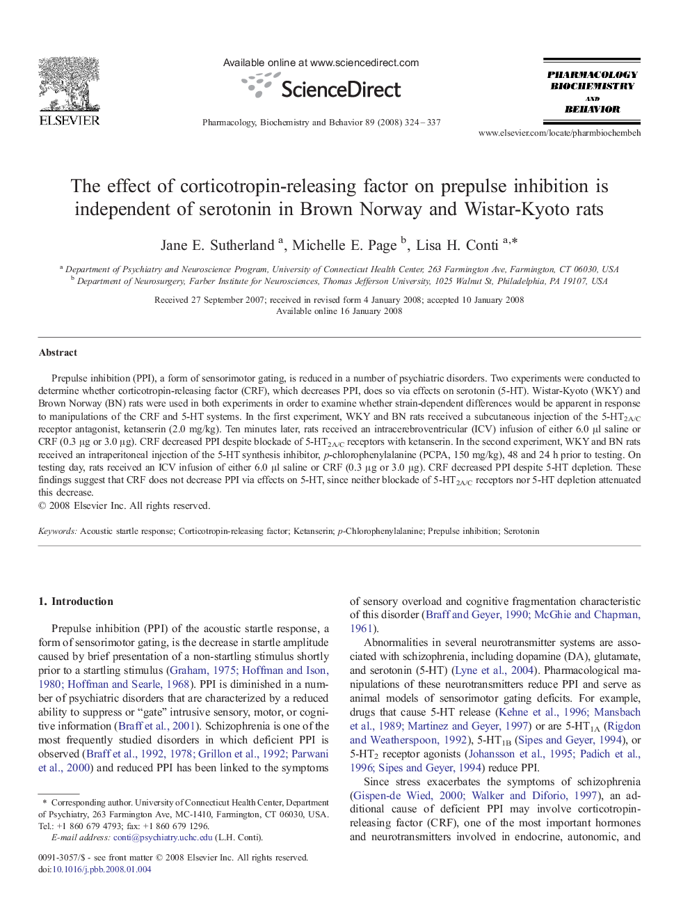 The effect of corticotropin-releasing factor on prepulse inhibition is independent of serotonin in Brown Norway and Wistar-Kyoto rats