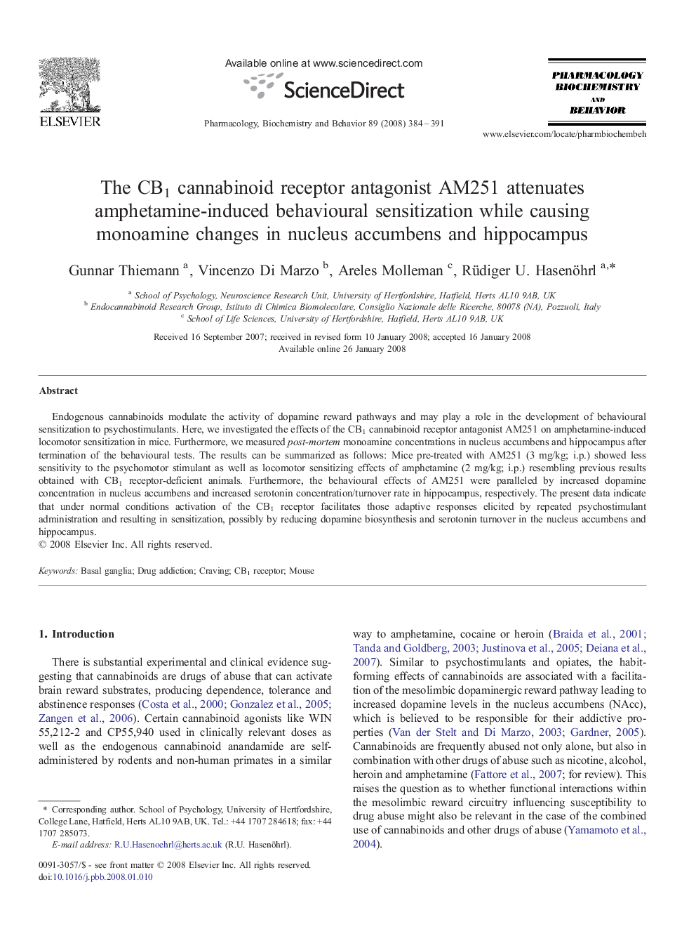 The CB1 cannabinoid receptor antagonist AM251 attenuates amphetamine-induced behavioural sensitization while causing monoamine changes in nucleus accumbens and hippocampus