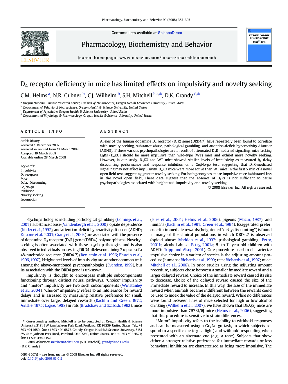 D4 receptor deficiency in mice has limited effects on impulsivity and novelty seeking