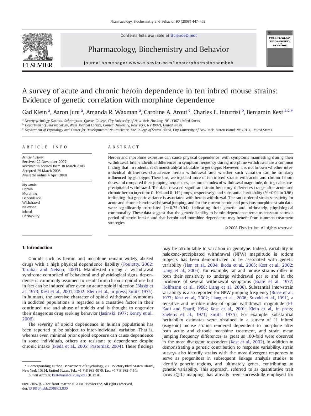 A survey of acute and chronic heroin dependence in ten inbred mouse strains: Evidence of genetic correlation with morphine dependence