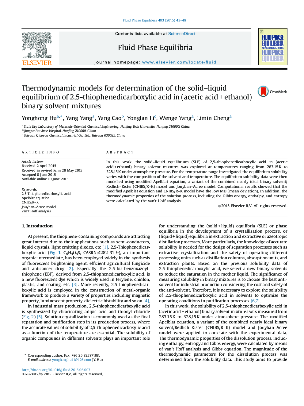 Thermodynamic models for determination of the solid–liquid equilibrium of 2,5-thiophenedicarboxylic acid in (acetic acid + ethanol) binary solvent mixtures