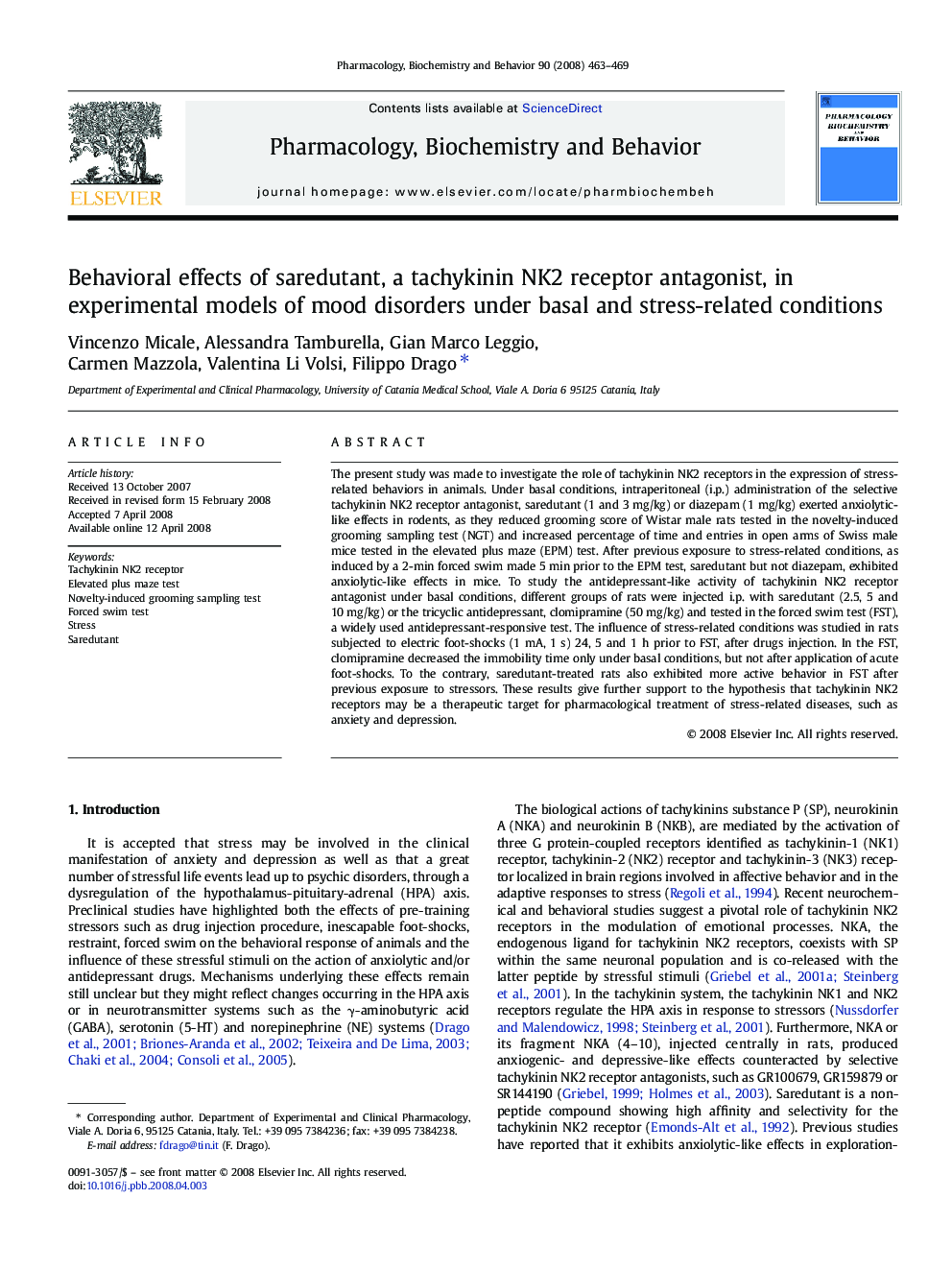 Behavioral effects of saredutant, a tachykinin NK2 receptor antagonist, in experimental models of mood disorders under basal and stress-related conditions