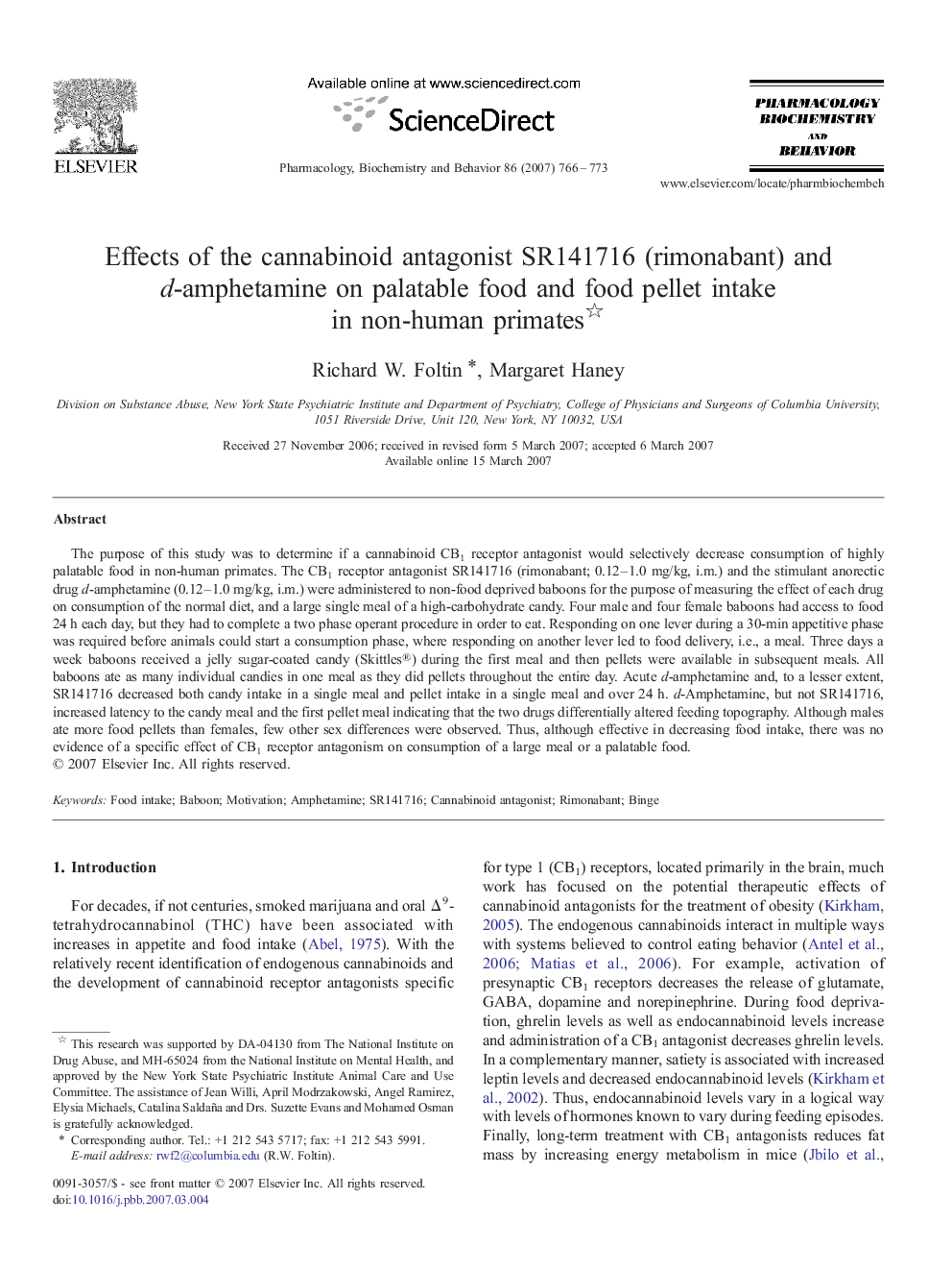 Effects of the cannabinoid antagonist SR141716 (rimonabant) and d-amphetamine on palatable food and food pellet intake in non-human primates 