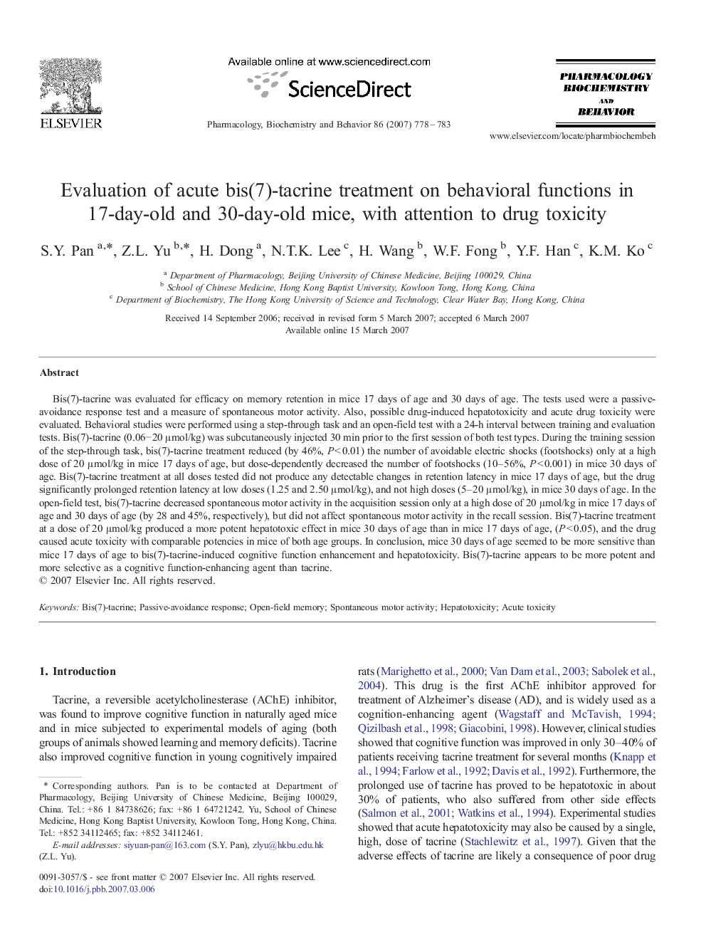 Evaluation of acute bis(7)-tacrine treatment on behavioral functions in 17-day-old and 30-day-old mice, with attention to drug toxicity