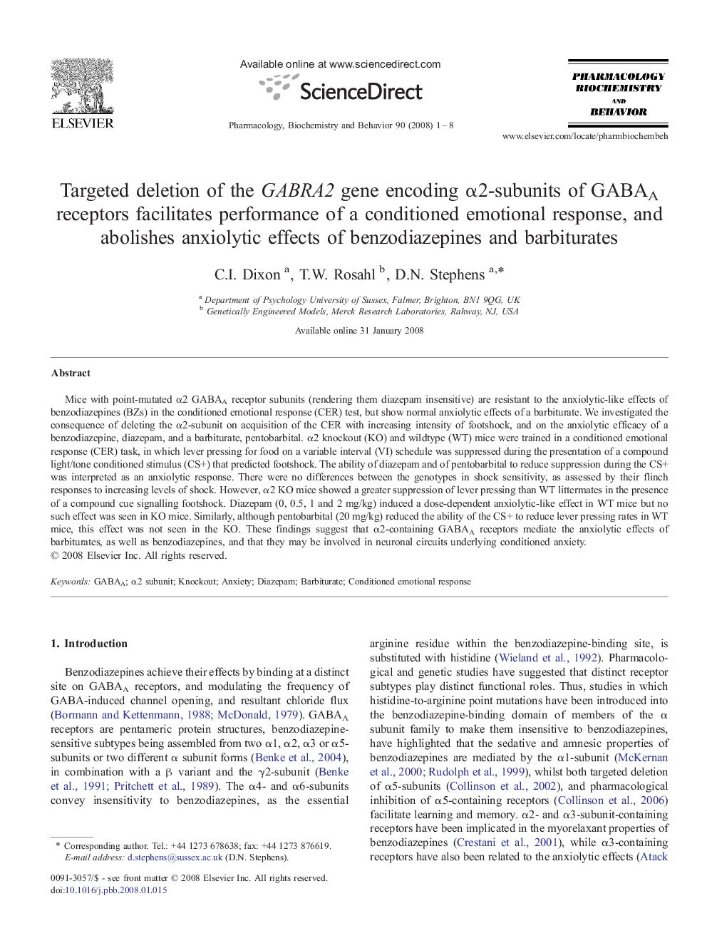 Targeted deletion of the GABRA2 gene encoding α2-subunits of GABAA receptors facilitates performance of a conditioned emotional response, and abolishes anxiolytic effects of benzodiazepines and barbiturates