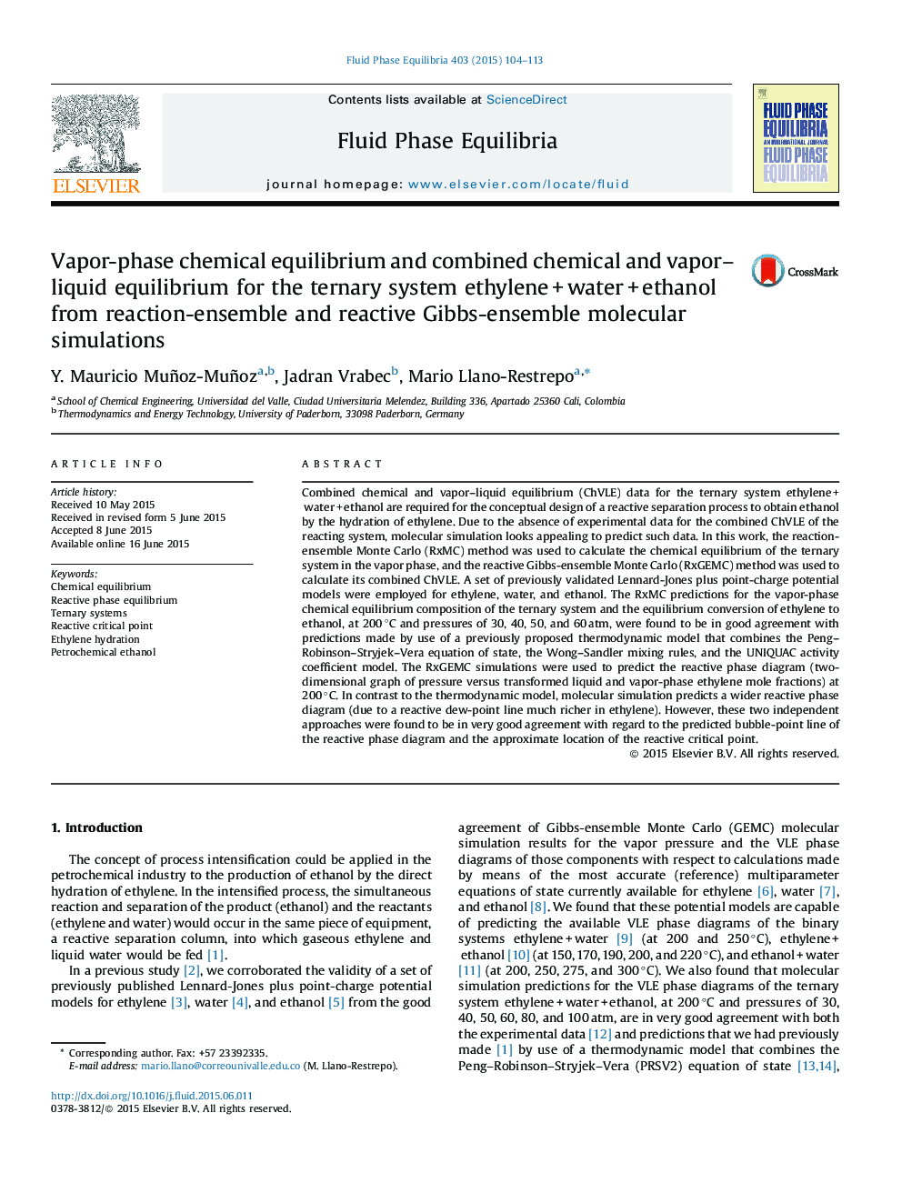 Vapor-phase chemical equilibrium and combined chemical and vapor–liquid equilibrium for the ternary system ethylene + water + ethanol from reaction-ensemble and reactive Gibbs-ensemble molecular simulations