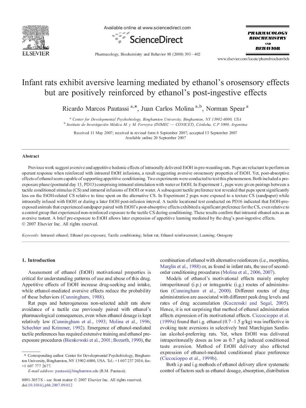 Infant rats exhibit aversive learning mediated by ethanol's orosensory effects but are positively reinforced by ethanol's post-ingestive effects