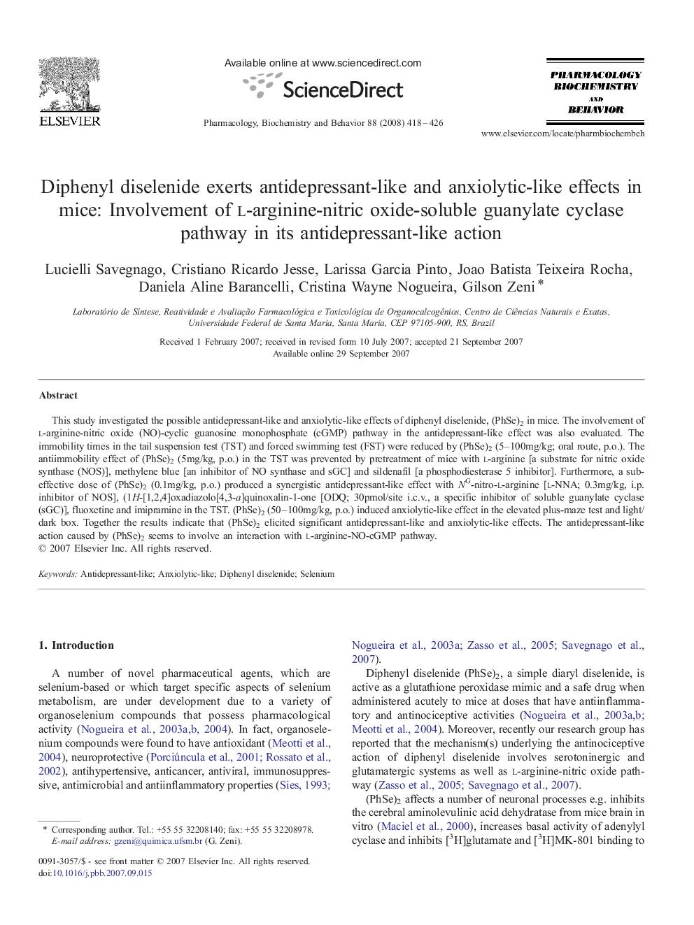 Diphenyl diselenide exerts antidepressant-like and anxiolytic-like effects in mice: Involvement of l-arginine-nitric oxide-soluble guanylate cyclase pathway in its antidepressant-like action