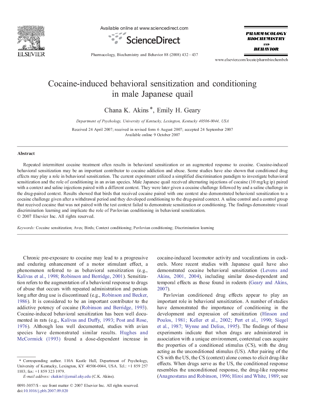 Cocaine-induced behavioral sensitization and conditioning in male Japanese quail