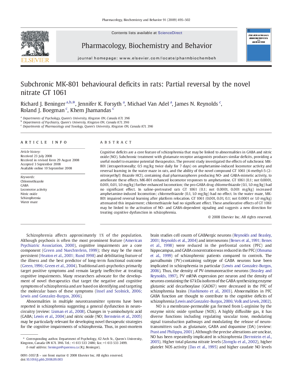 Subchronic MK-801 behavioural deficits in rats: Partial reversal by the novel nitrate GT 1061