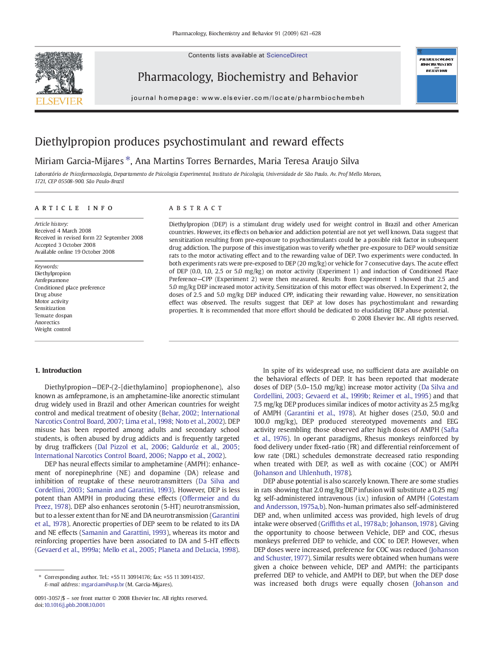 Diethylpropion produces psychostimulant and reward effects