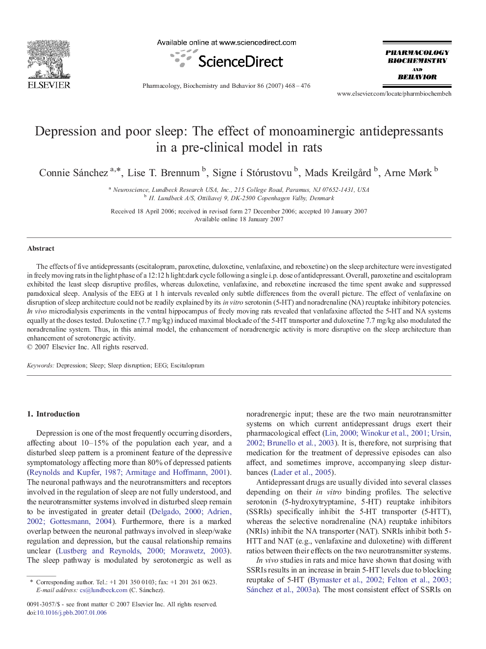 Depression and poor sleep: The effect of monoaminergic antidepressants in a pre-clinical model in rats