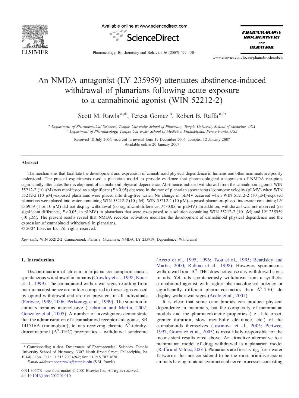 An NMDA antagonist (LY 235959) attenuates abstinence-induced withdrawal of planarians following acute exposure to a cannabinoid agonist (WIN 52212-2)