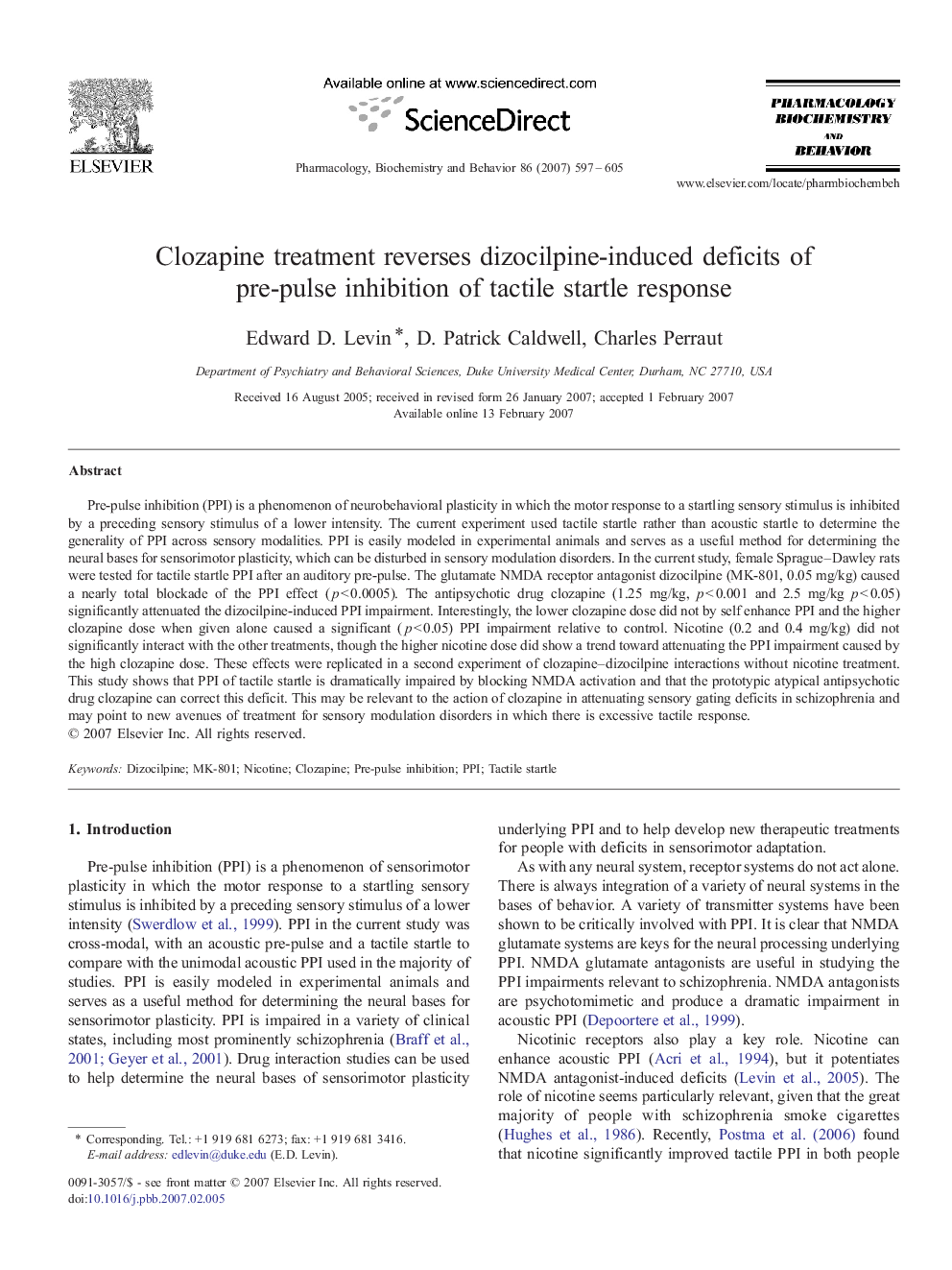 Clozapine treatment reverses dizocilpine-induced deficits of pre-pulse inhibition of tactile startle response